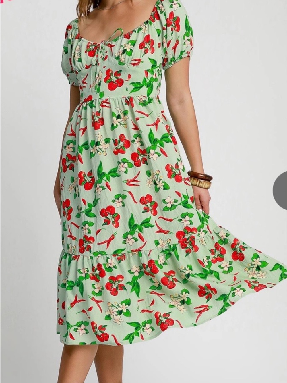 Umgee Green Midi Dress with Red Cherry & Leaf Print